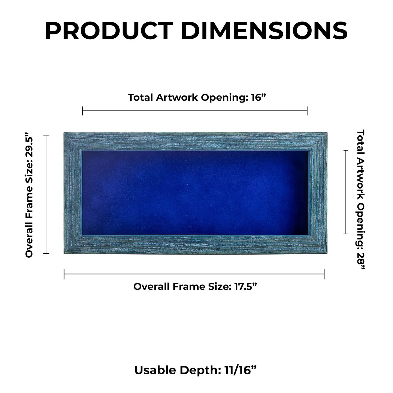 Rustic Blue Wood Shadow Box Frame with Acrylic Front - Royal Blue Suede Backing, 30 Sizes